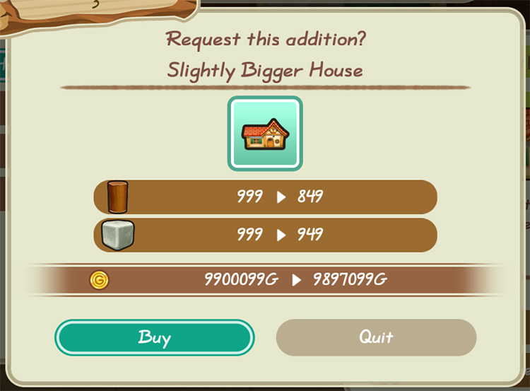 The farmer buys the first house upgrade from Gotts. / Story of Seasons: Friends of Mineral Town