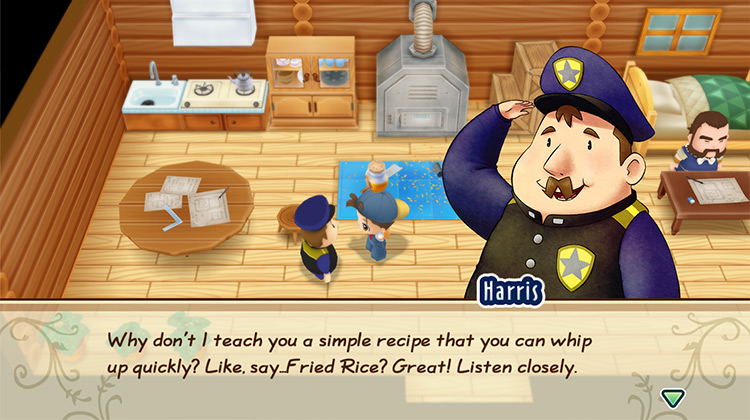 Harris teaches the farmer a new recipe. / Story of Seasons: Friends of Mineral Town