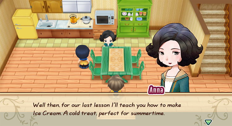 The farmer attends Anna’s cooking classes. / Story of Seasons: Friends of Mineral Town