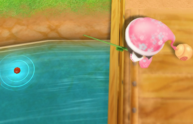 The farmer fishes in the town river. / Story of Seasons: Friends of Mineral Town