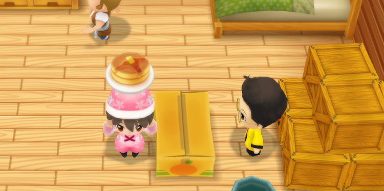 The farmer sells a stack of Pancakes to Huang. / Story of Seasons: Friends of Mineral Town