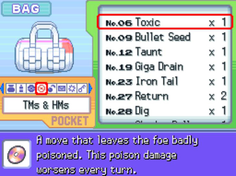 In-game description of TM06 Toxic / Pokémon Platinum