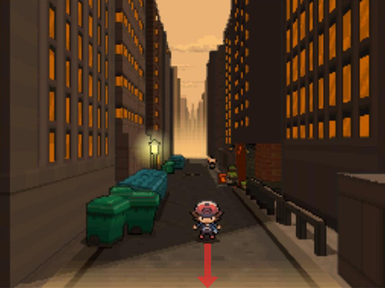 After defeating the second dancer, exit the alley back onto the main street. / Pokémon Black and White