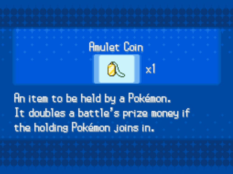 In-game details for the Amulet Coin. / Pokémon Black and White