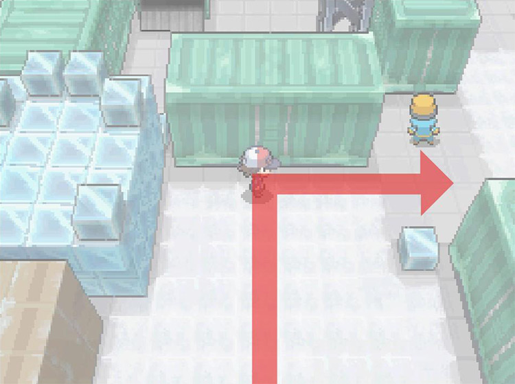 Head east across the ice after reaching the green freight container. / Pokémon Black and White