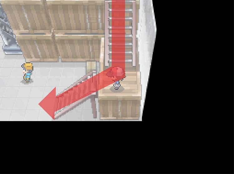 Climb down the small set of stairs to reach the first floor. / Pokémon Black and White