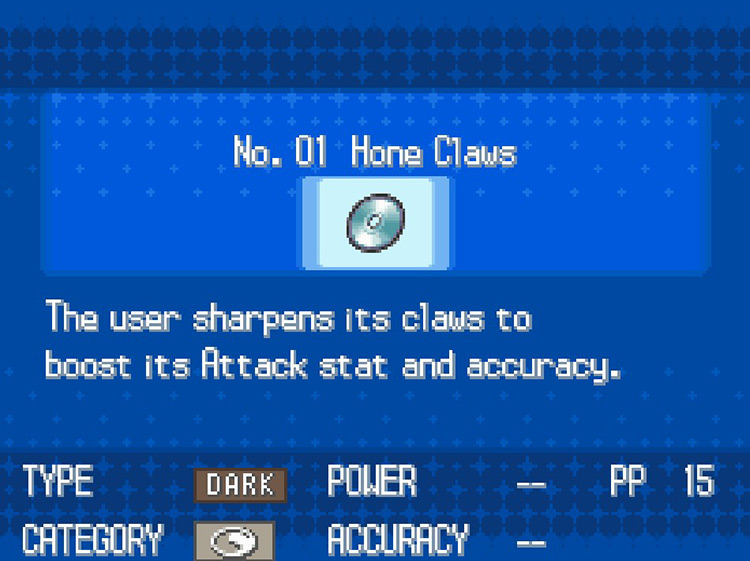 In-game details for TM01 Hone Claws. / Pokémon Black and White