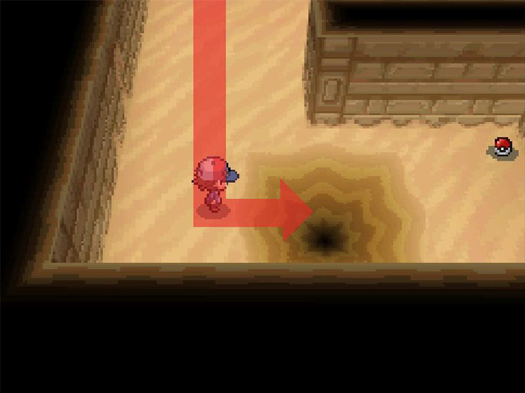 Sink through the sand trap ahead to the lower floor. / Pokémon Black and White