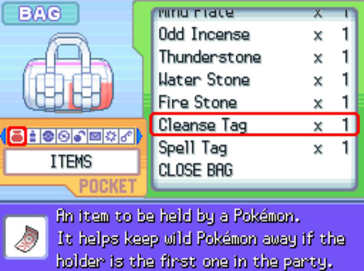 In-game description of the Cleanse Tag / Pokémon Platinum