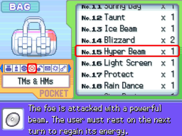 In-game description of TM15 Hyper Beam / Pokémon Platinum
