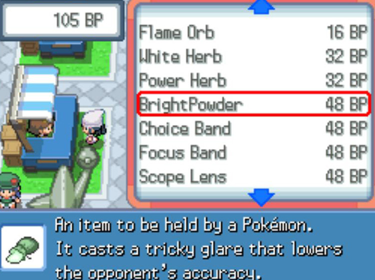 BrightPowder’s listing at the Battle Frontier / Pokémon Platinum