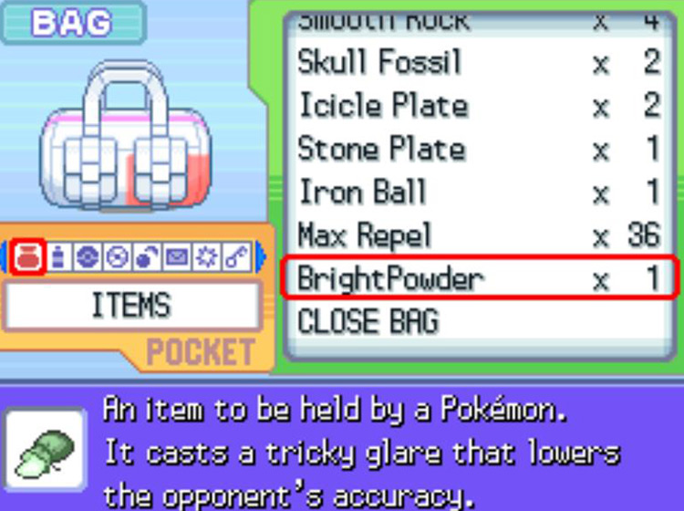 In-game description of BrightPowder / Pokémon Platinum