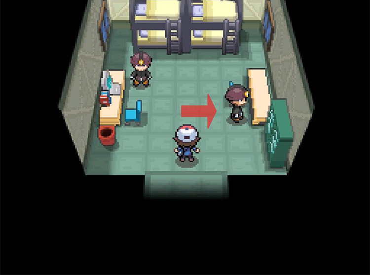Speak to the NPC to the right standing at the desk. / Pokémon Black and White