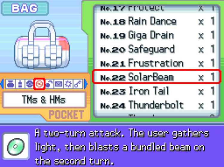 In-game description of TM22 SolarBeam / Pokémon Platinum