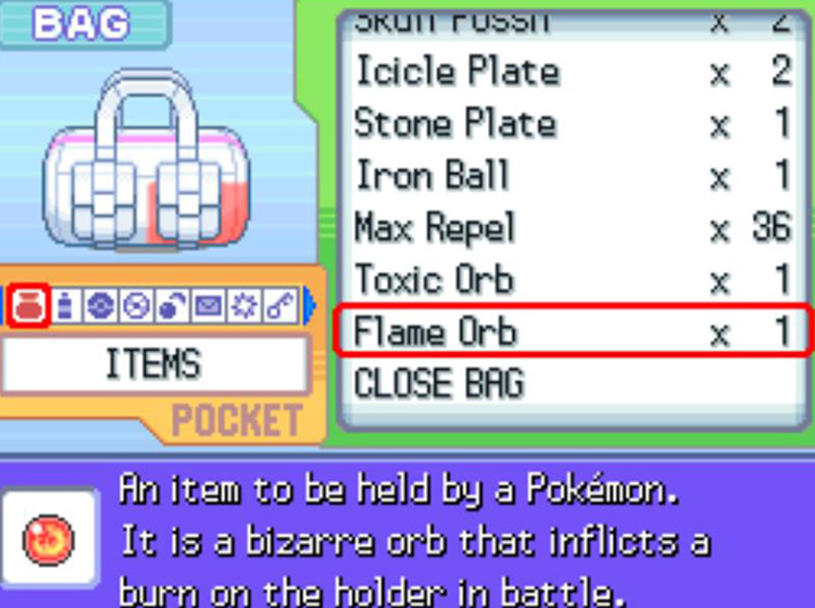 In-game description of the Flame Orb / Pokémon Platinum