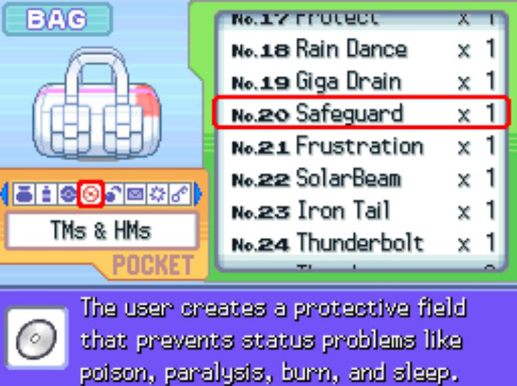In-game description of TM20 Safeguard / Pokémon Platinum