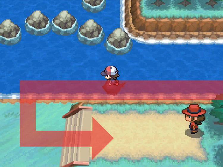 Step onto land across from the rocks and head east. / Pokémon Black and White