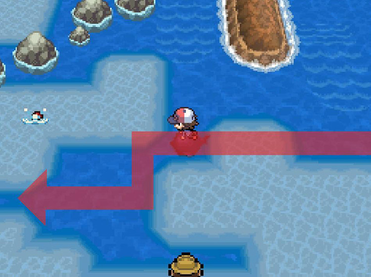 Surf west through the patches of shallow water. / Pokémon Black and White