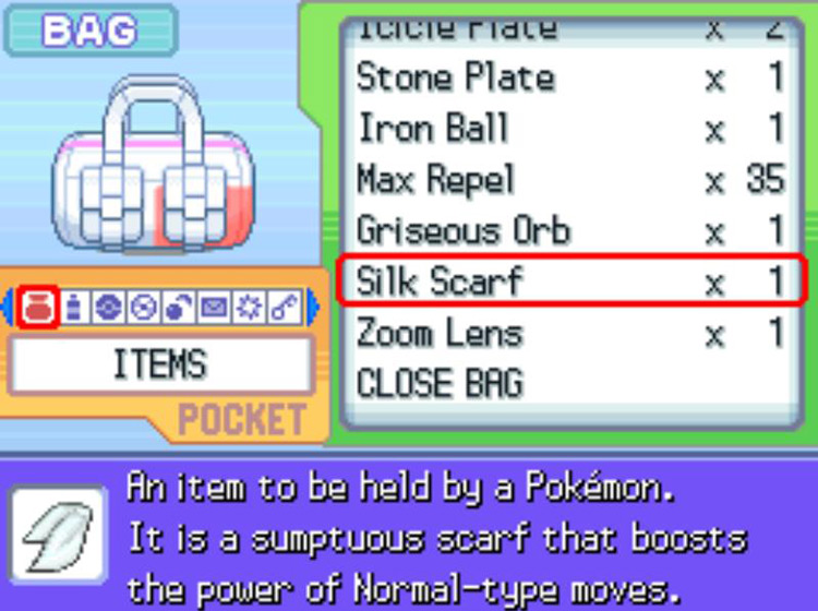 In-game description of the Silk Scarf / Pokémon Platinum