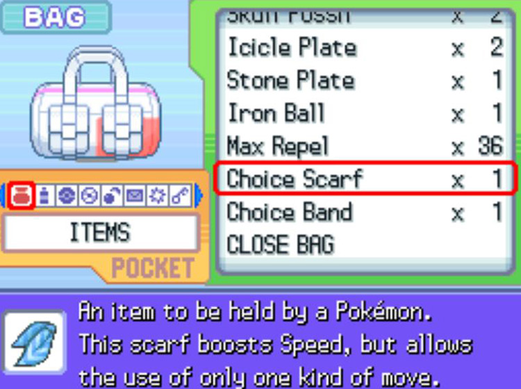 In-game description of the Choice Scarf / Pokémon Platinum