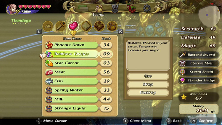 Inventory showing various healing foods / FFCC Remastered