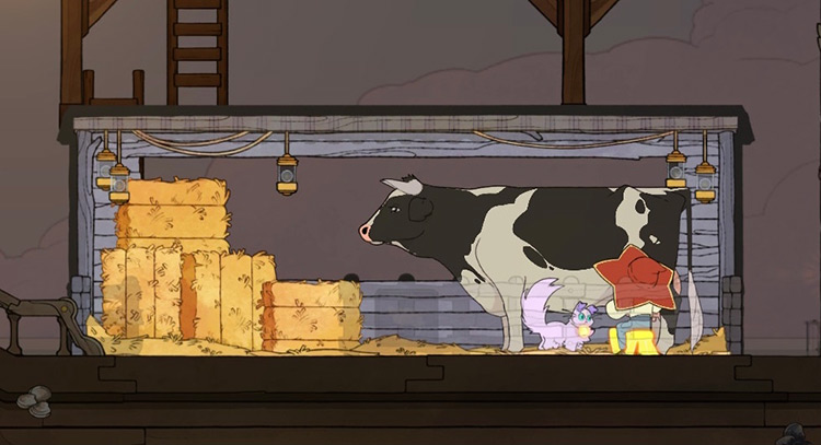 Milk is exclusively taken from the cow in the Cow Stall. / Spiritfarer