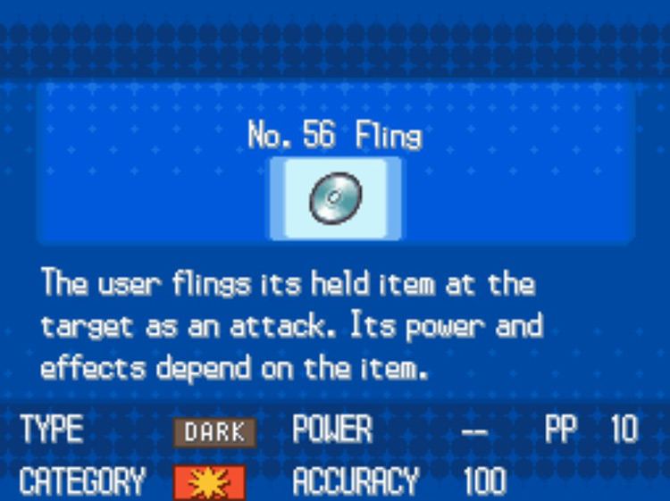 In-game details for TM56 Fling. / Pokémon Black and White