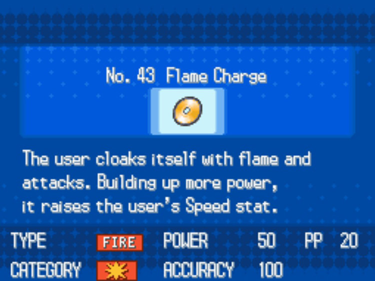 In-game details for TM43 Flame Charge. / Pokémon Black and White