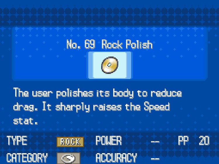 In-game details for TM69 Rock Polish. / Pokémon Black and White
