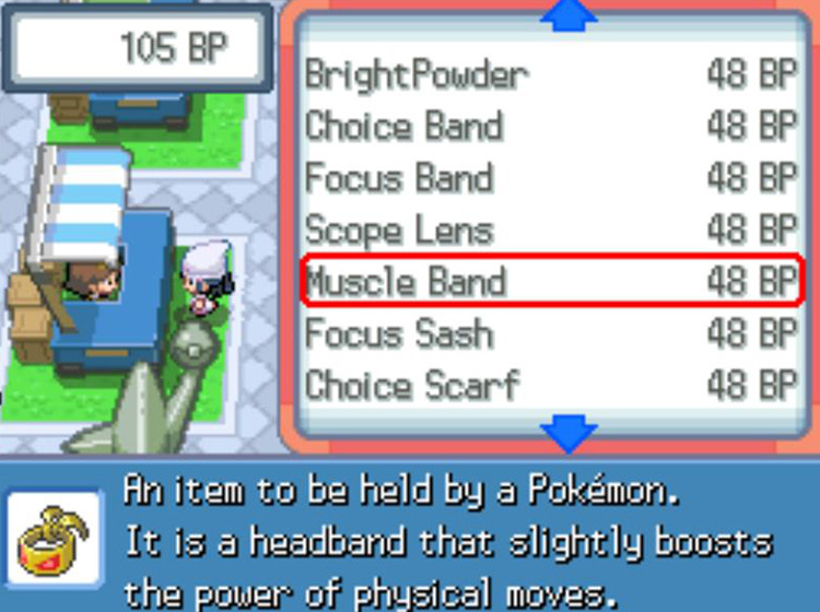 Muscle Band’s listing at the Battle Frontier / Pokémon Platinum
