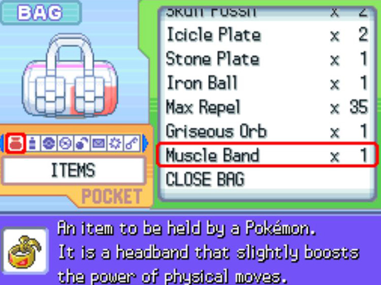 In-game description of the Muscle Band / Pokémon Platinum