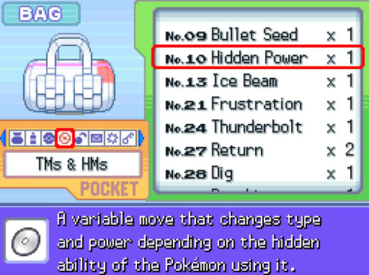 In-game description of TM10 Hidden Power / Pokémon Platinum