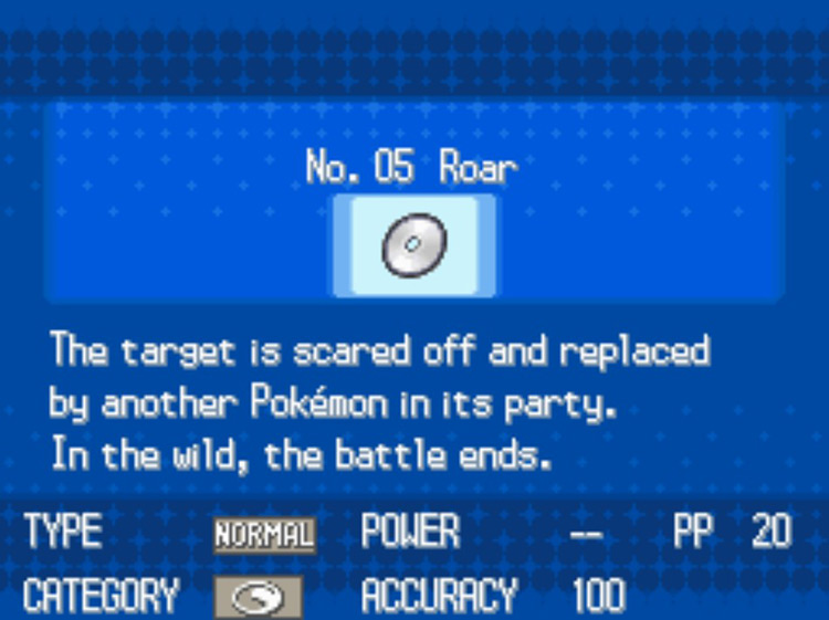 In-game details for TM05 Roar. / Pokémon Black and White