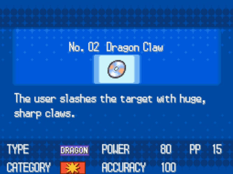 In-game details for TM02 Dragon Claw. / Pokémon Black and White