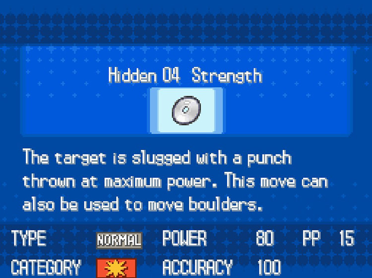 In-game details for HM04 Strength. / Pokémon Black and White