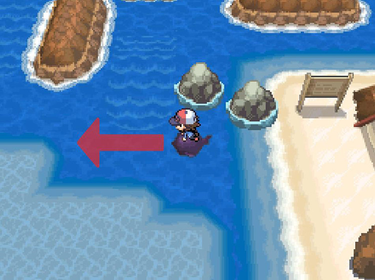 Travel west across the ocean past the patches of shallow water. / Pokémon Black and White