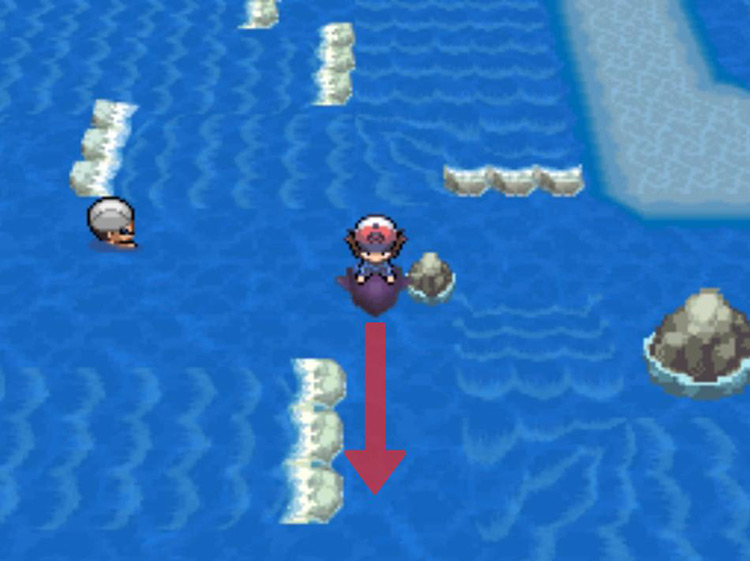 Surf south at the small rock across from the swimming NPC. / Pokémon Black and White
