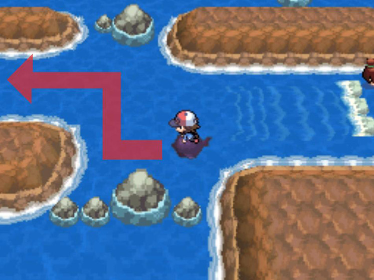 Continue surfing west through the open area of water. / Pokémon Black and White