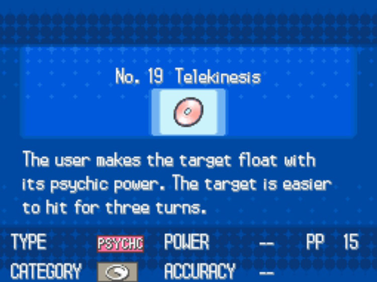 In-game details for TM19 Telekinesis. / Pokémon Black and White