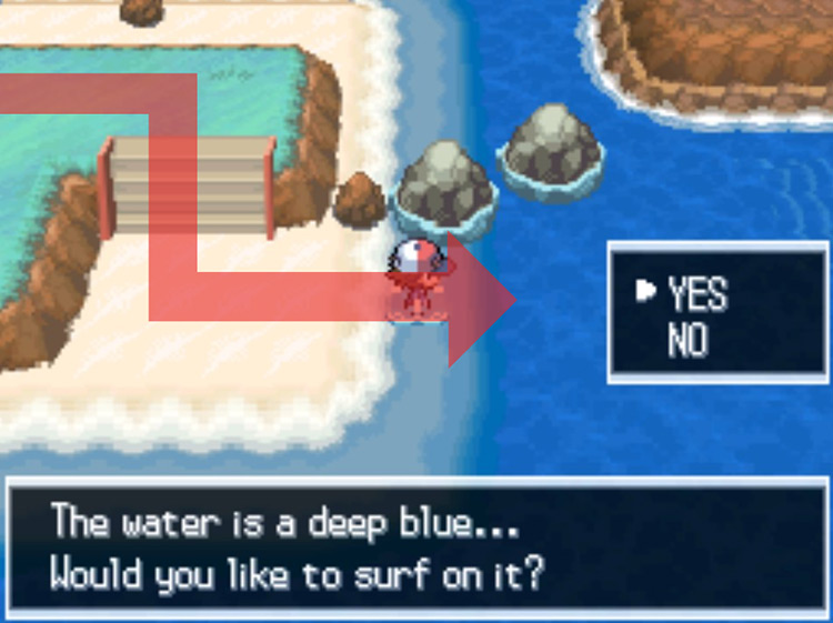 Walk down the smaller set of stairs to the beach. Use surf on the ocean and head east. / Pokémon Black and White