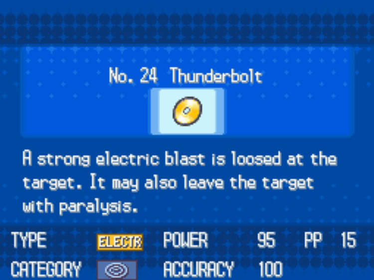 In-game details for TM24 Thunderbolt. / Pokémon Black and White