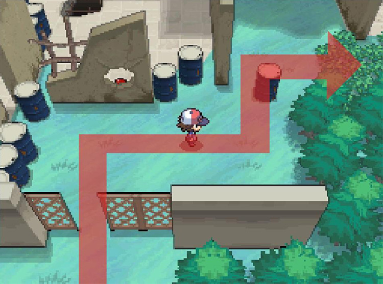 Walk in-between the barrels and head east towards the tall grass. / Pokémon Black and White