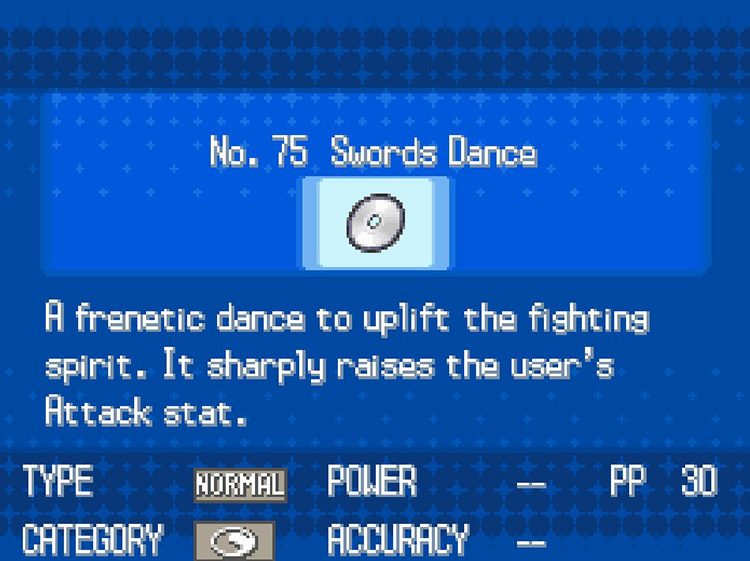 In-game details for TM75 Swords Dance. / Pokémon Black and White