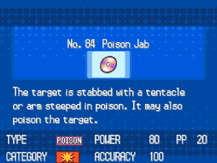 In-game details for TM84 Poison Jab. / Pokémon Black and White
