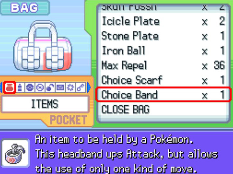 In-game description of the Choice Band / Pokémon Platinum