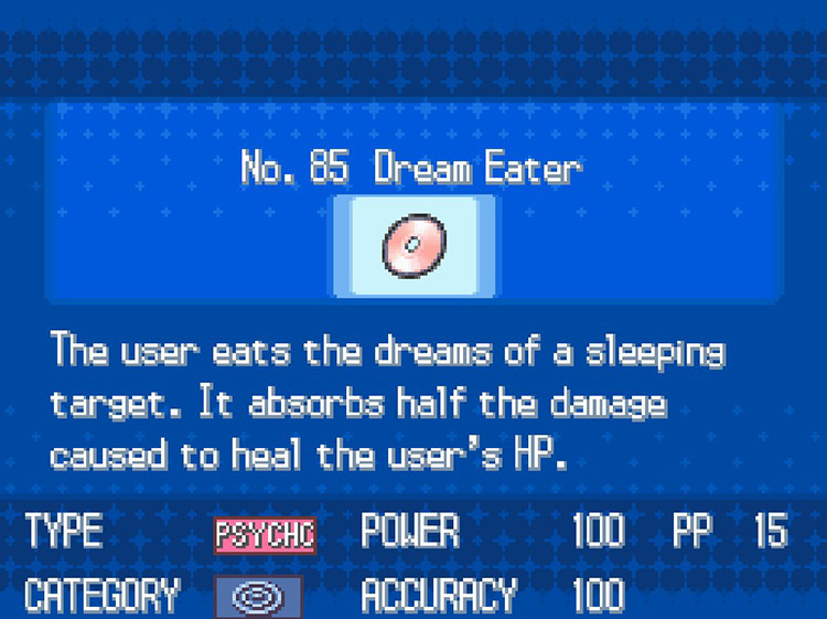In-game details for TM85 Dream Eater. / Pokémon Black and White