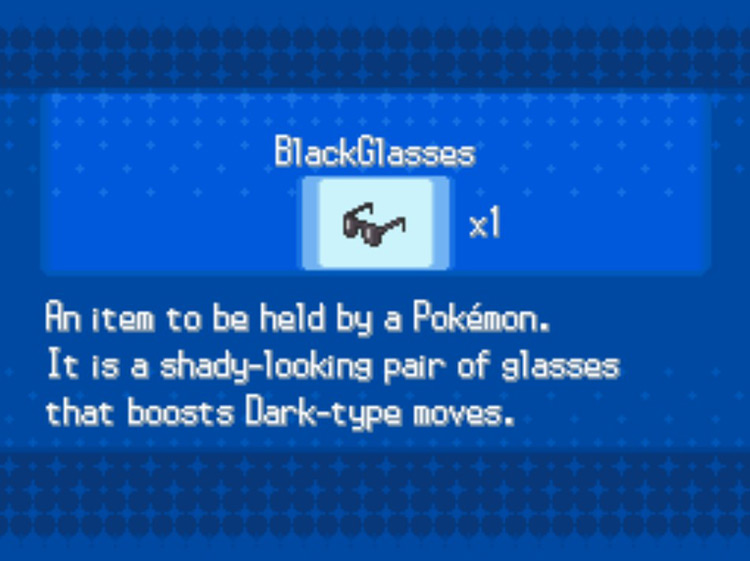 In-game details for the BlackGlasses. / Pokémon Black and White