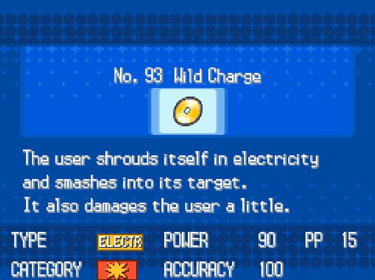 In-game details for TM93 Wild Charge. / Pokémon Black and White