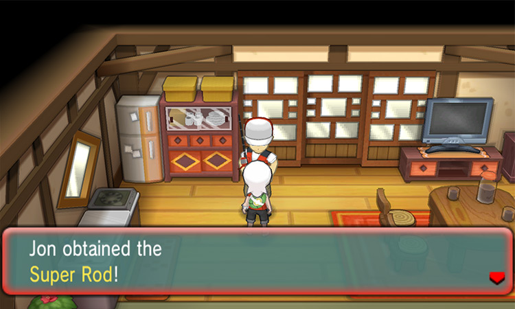 Receiving the Super Rod from the Fisherman in Mossdeep City. / Pokémon Omega Ruby and Alpha Sapphire