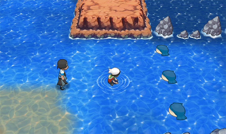 The path to Route 124 blocked by Wailmers in Lilycove City. / Pokémon Omega Ruby and Alpha Sapphire